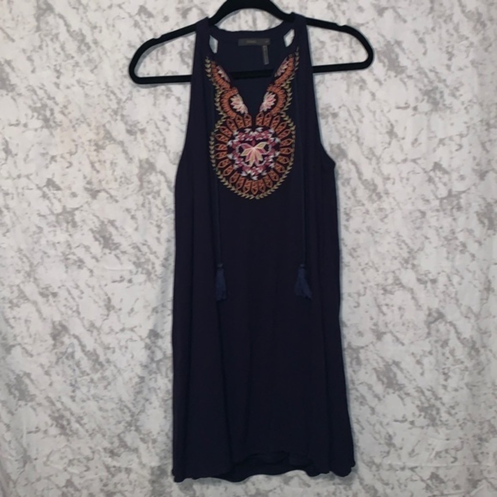 THML Mini Tank Dress V Neck Navy w/ Embroidery Racerback Petite Large